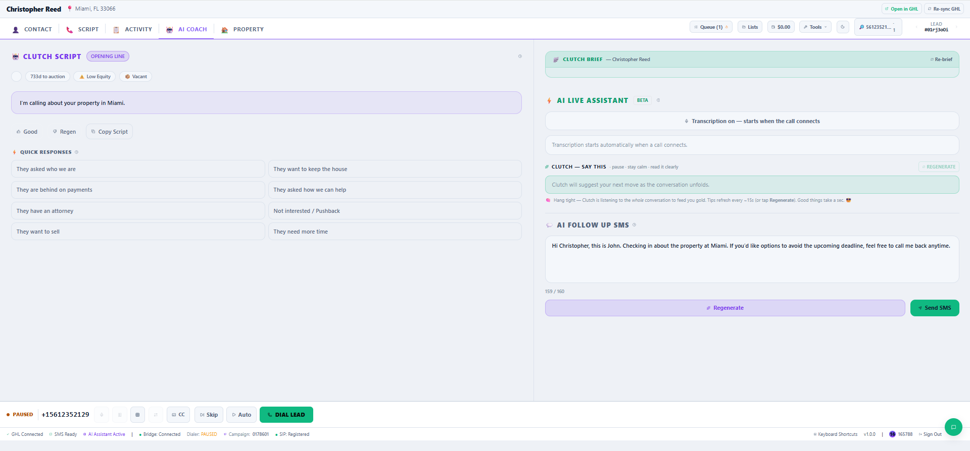 Clutch AI coaching during a live call: brief, rebuttals, transcription and follow-up SMS