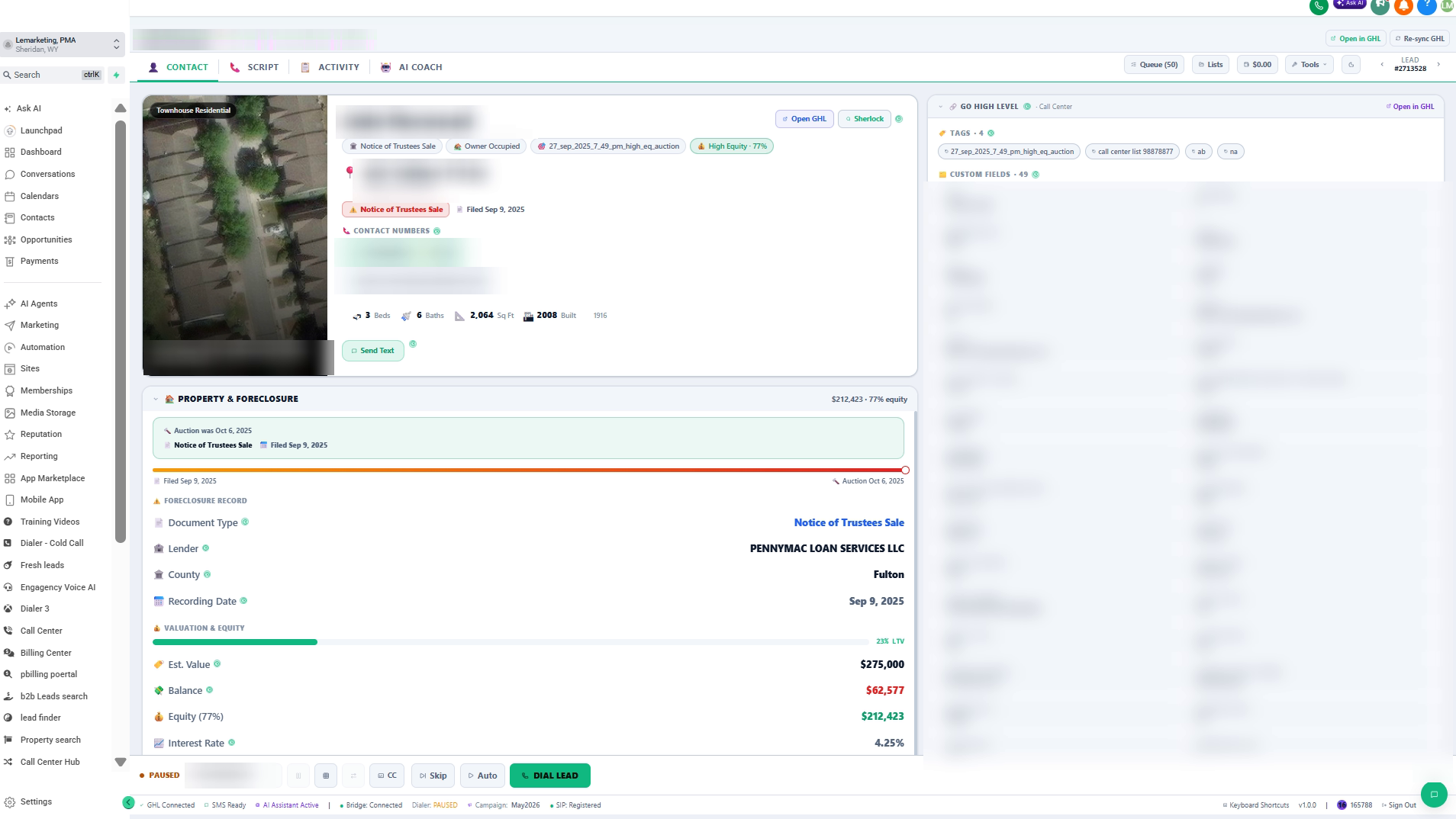 Redesigned contact tab with a clean click-to-call card and every GoHighLevel custom field on the right