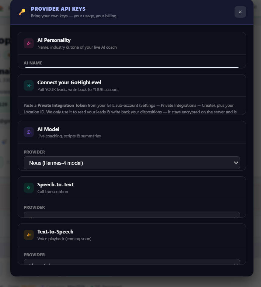 Connect GoHighLevel and bring your own AI provider keys