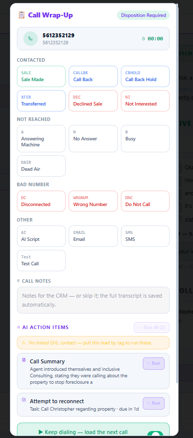 One-click disposition with an AI-written call summary and follow-up task